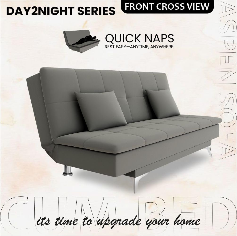Adorn India Premium New Aspen 3 Seater Sofa Cum Bed 4X6 Velvet Suede with 2 Cushions (Color Grey) and Suitable for All Indoor, with 3 Years Warranty — image 4