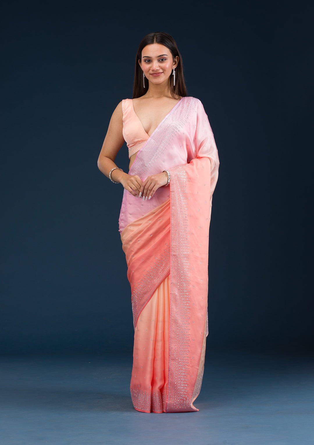 Light Orange Stonework Satin Saree — image 4