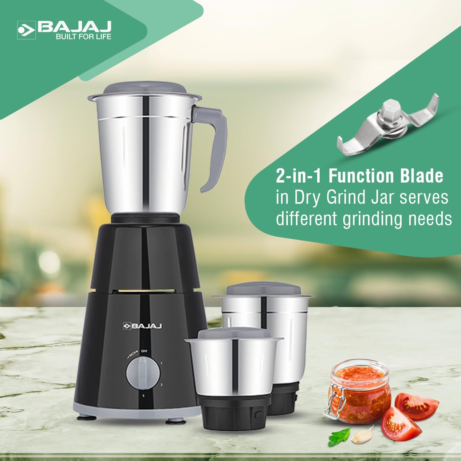 Bajaj GX-1 Mixer Grinder 500W|Superior Mixie For Kitchen|2-in-1 for Dry Grinding| Blade Function With Titan Motor|3 Stainless Steel Mixer Jars|1 Year... — image 5