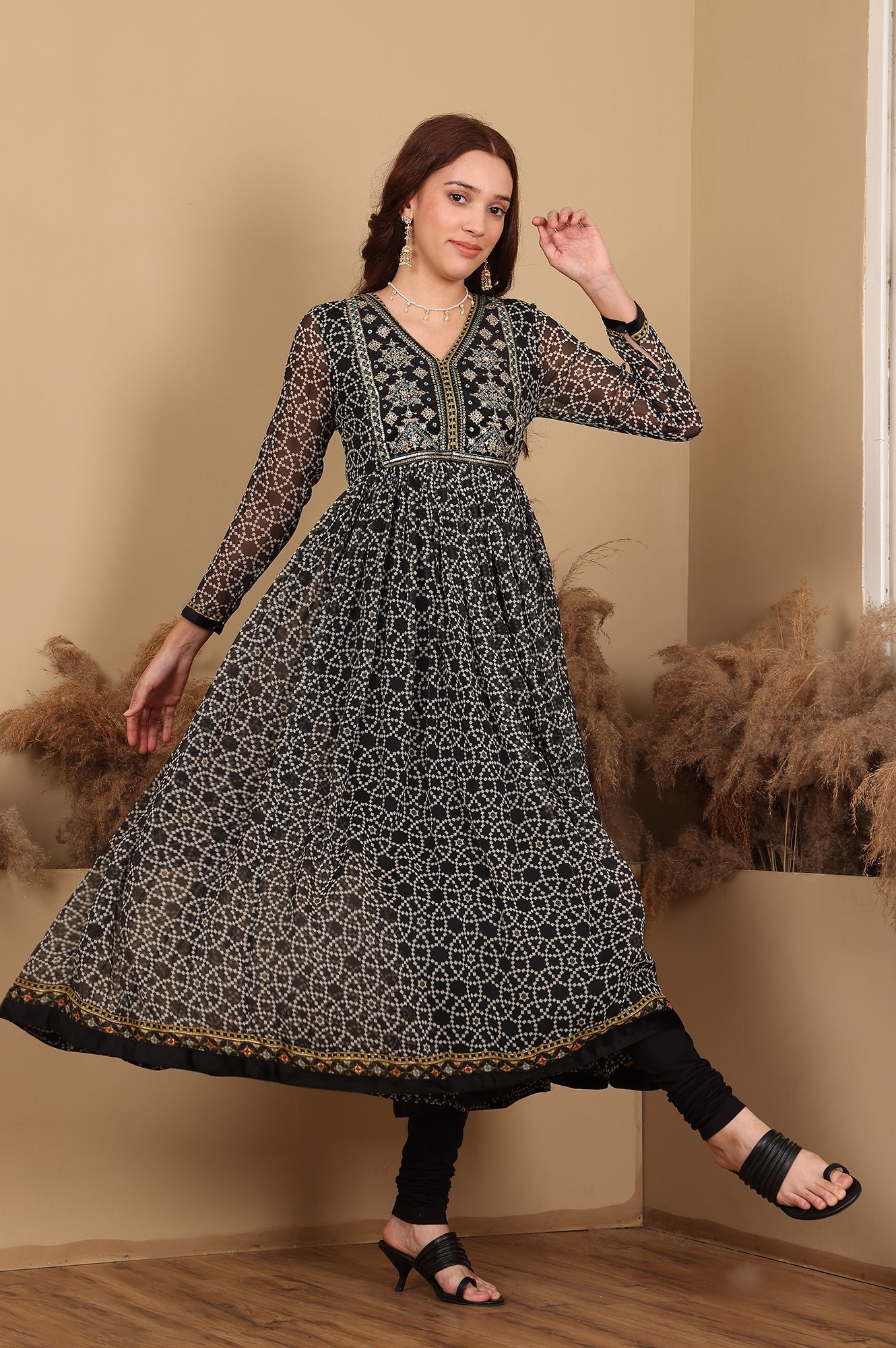 Black Printed Gathered Chiffon Kurta With Embroidery, Churidar And Dupatta Set — image 4