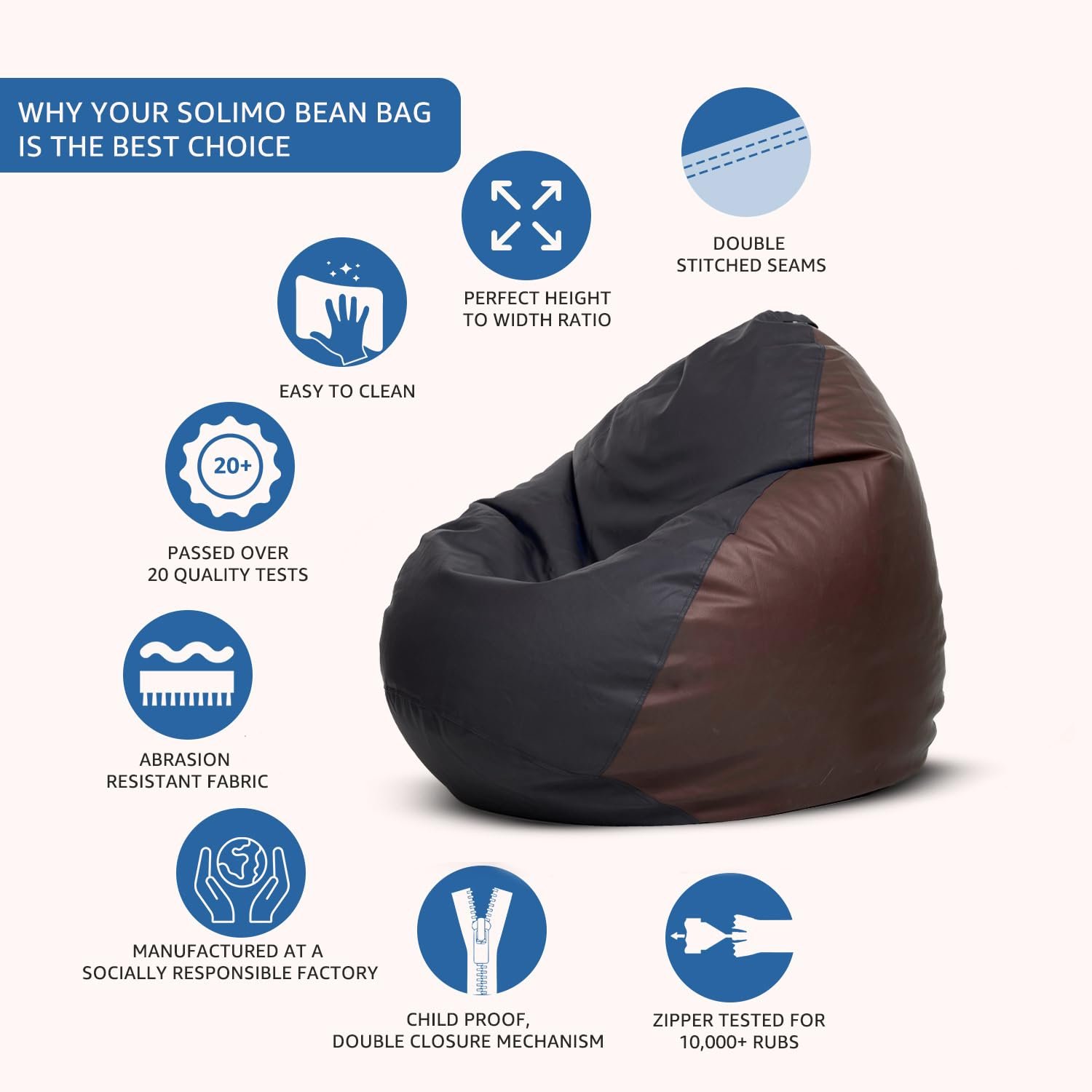 Amazon Brand Solimo Premium Faux Leather Bean Bag, Filled with Beans | Capacity: Upto 6 Ft Height, 120 KG Weight | 3XL | Black and Brown — image 3