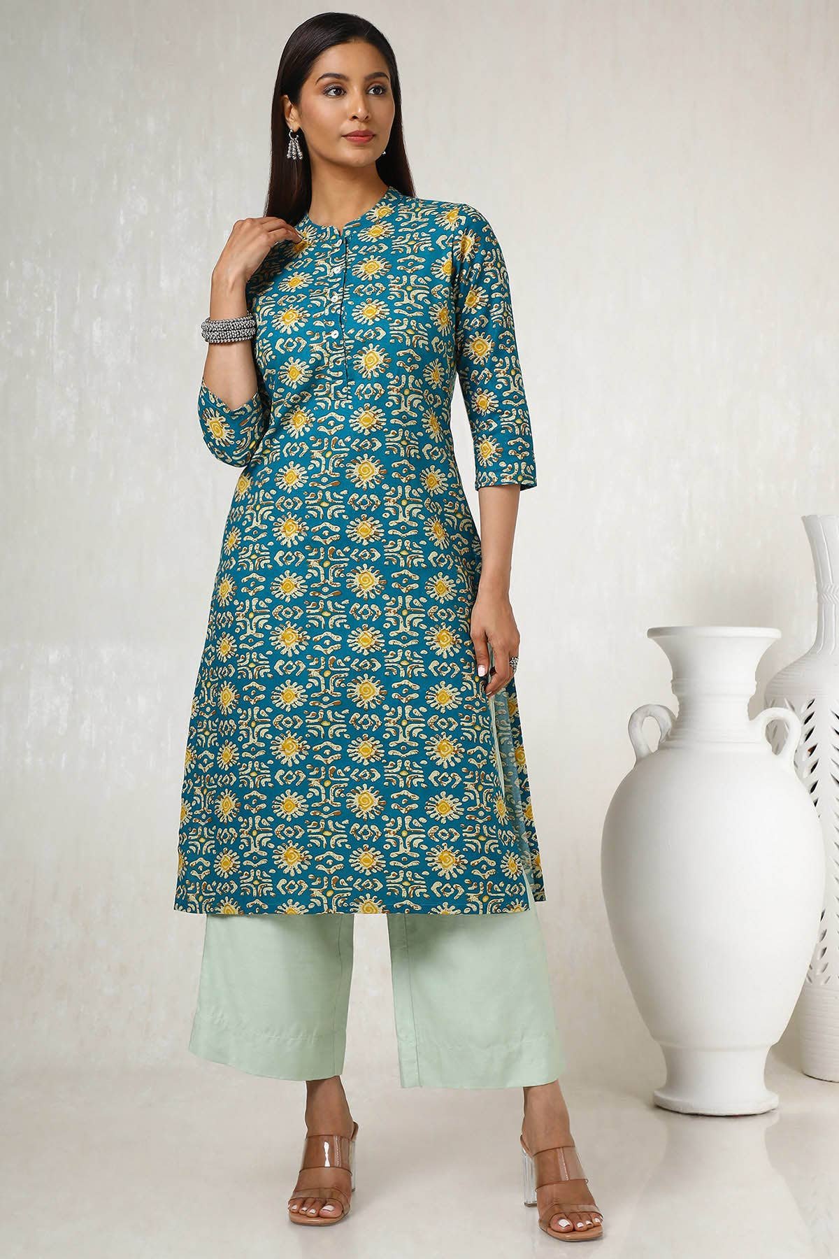 Teal Cotton Blend Abstract Print Kurta — image 3