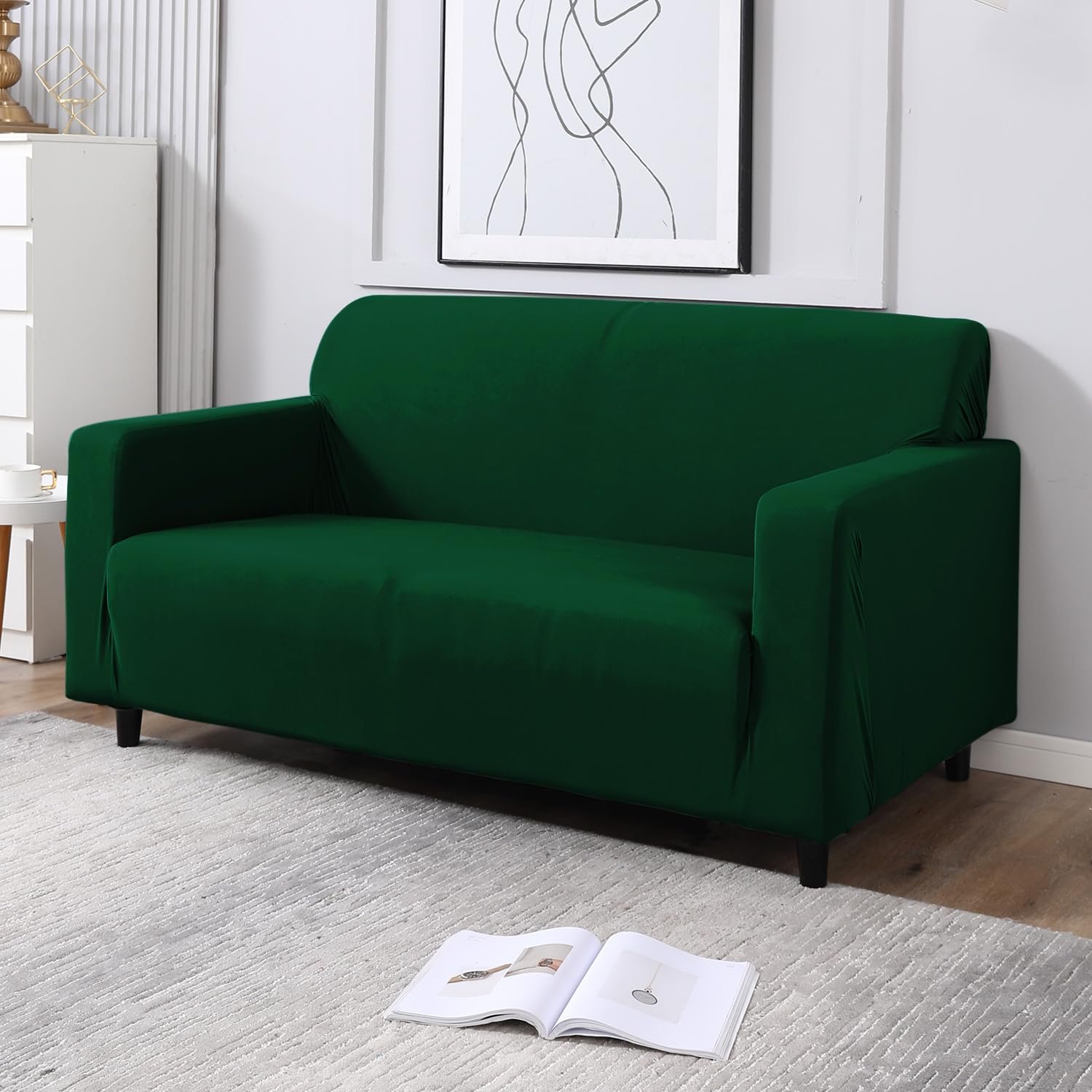 HOKIPO Printed 5 Seater Fully Covered Sofa Cover in 3 Seater and 2 Seater Configuration, Bottle Green (AR-4278-E25 + AR-4279-E25)