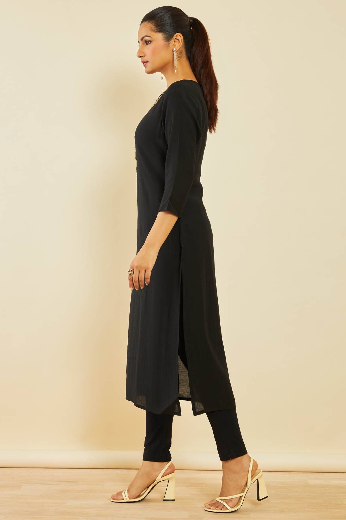 Black Viscose Blend Straight Kurta with Floral Cutdana Work — image 2