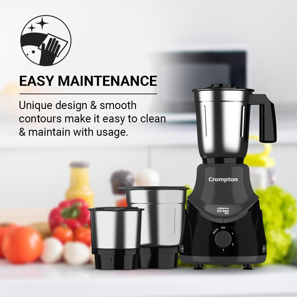 Crompton DS 500 BLK 500-Watt Mixer Grinder with Powertron Motor & Motor Vent-X Technology (3 Stainless Steel Jars, Black & Grey) — image 4