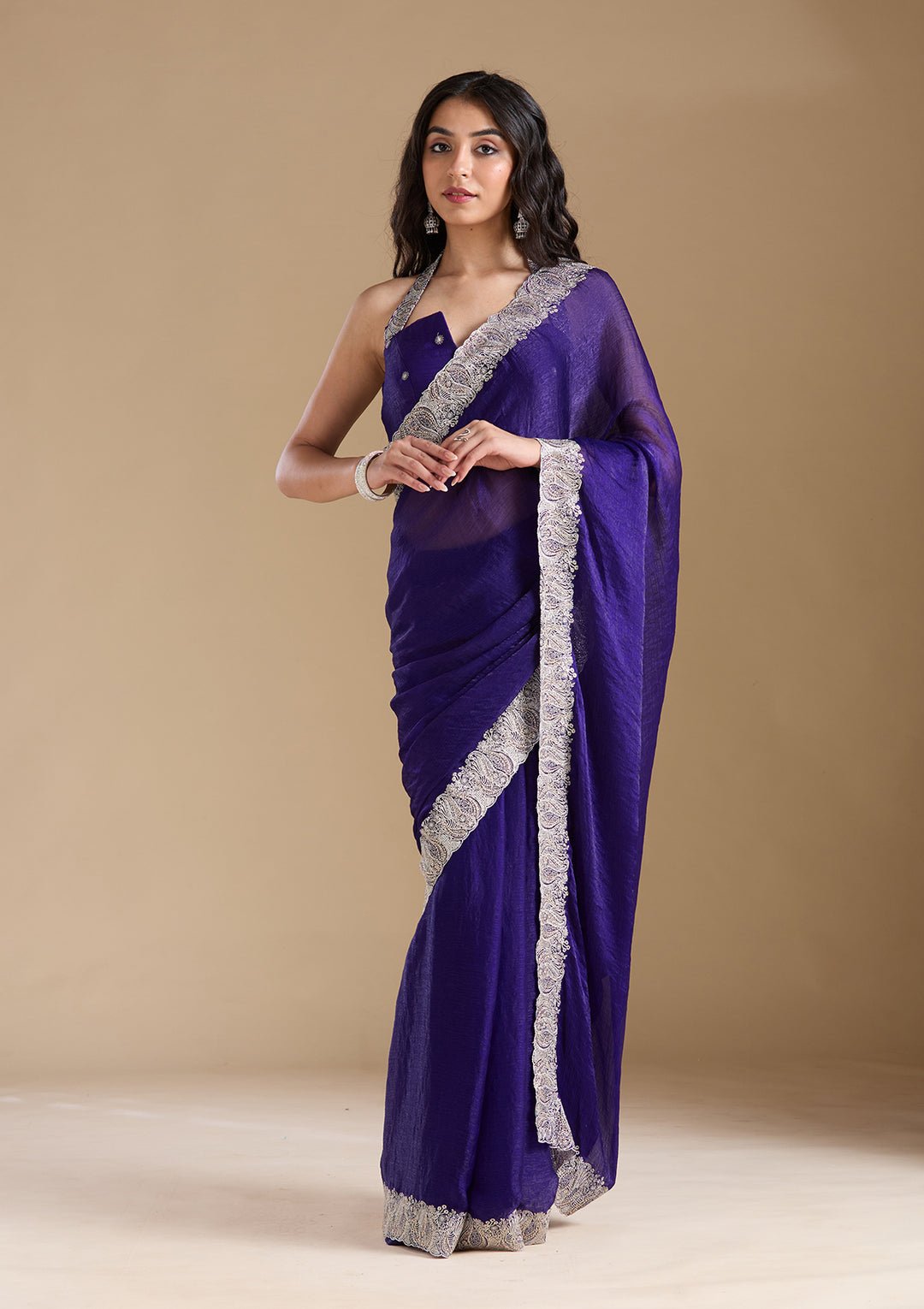 Violet Zariwork (Silver) Chiffon Saree — image 1