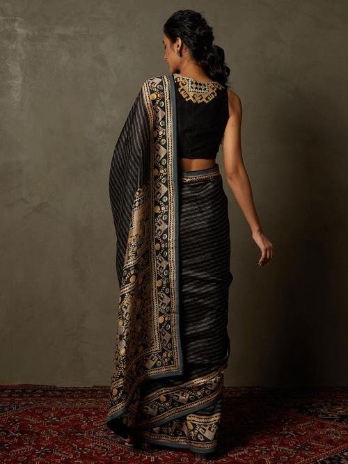 Black & Beige Noni Saree With Stitched Blouse — image 3