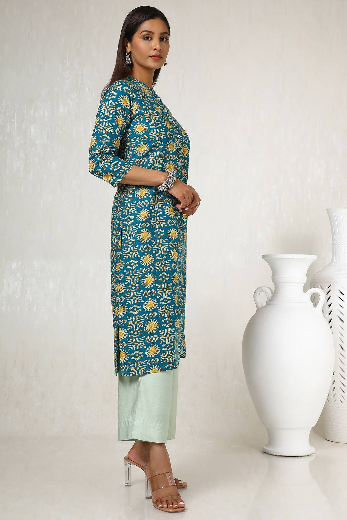Teal Cotton Blend Abstract Print Kurta — image 1