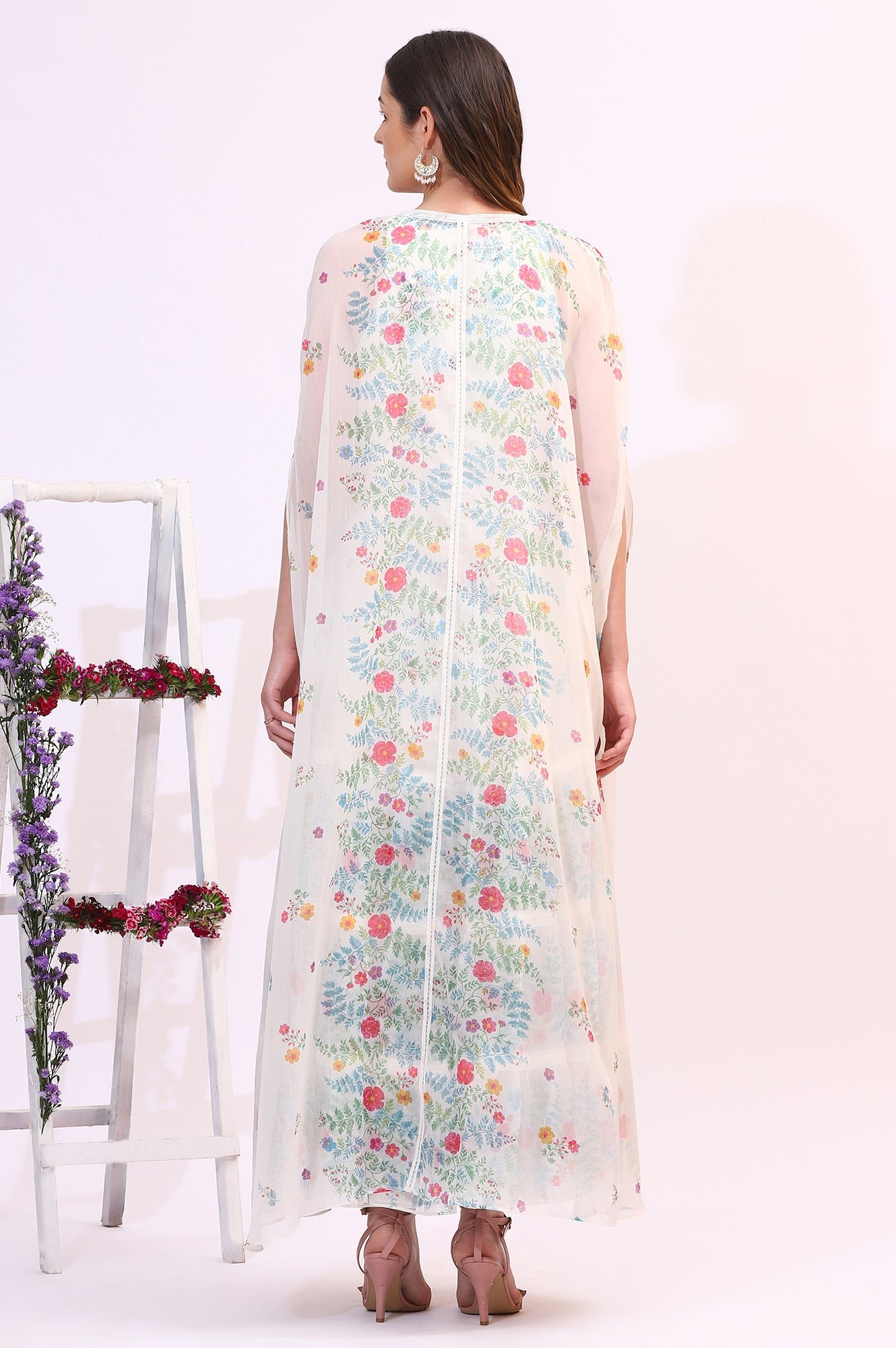 White Floral Printed Chiffon Tiered Flared Dress with Printed Cape — image 7