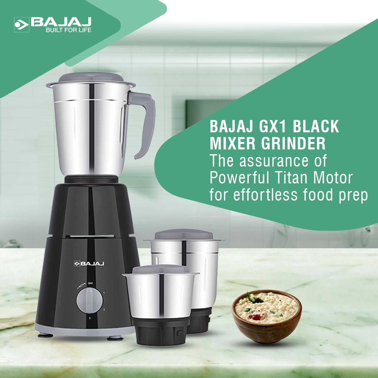 Bajaj GX-1 Mixer Grinder 500W|Superior Mixie For Kitchen|2-in-1 for Dry Grinding| Blade Function With Titan Motor|3 Stainless Steel Mixer Jars|1 Year... — image 3