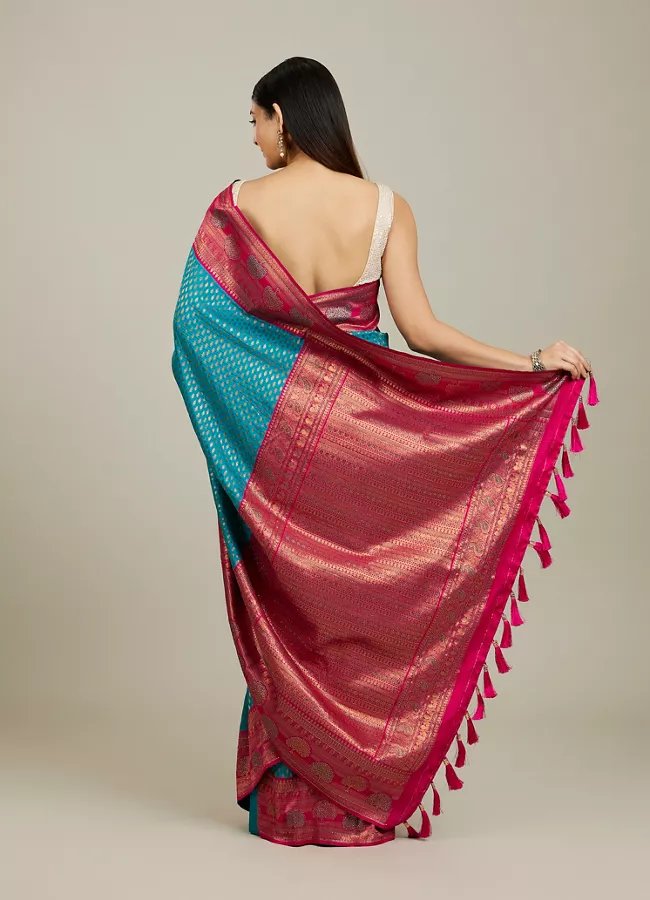 Rama Green Buta Patterned Saree with Floral Leaf Border — image 3