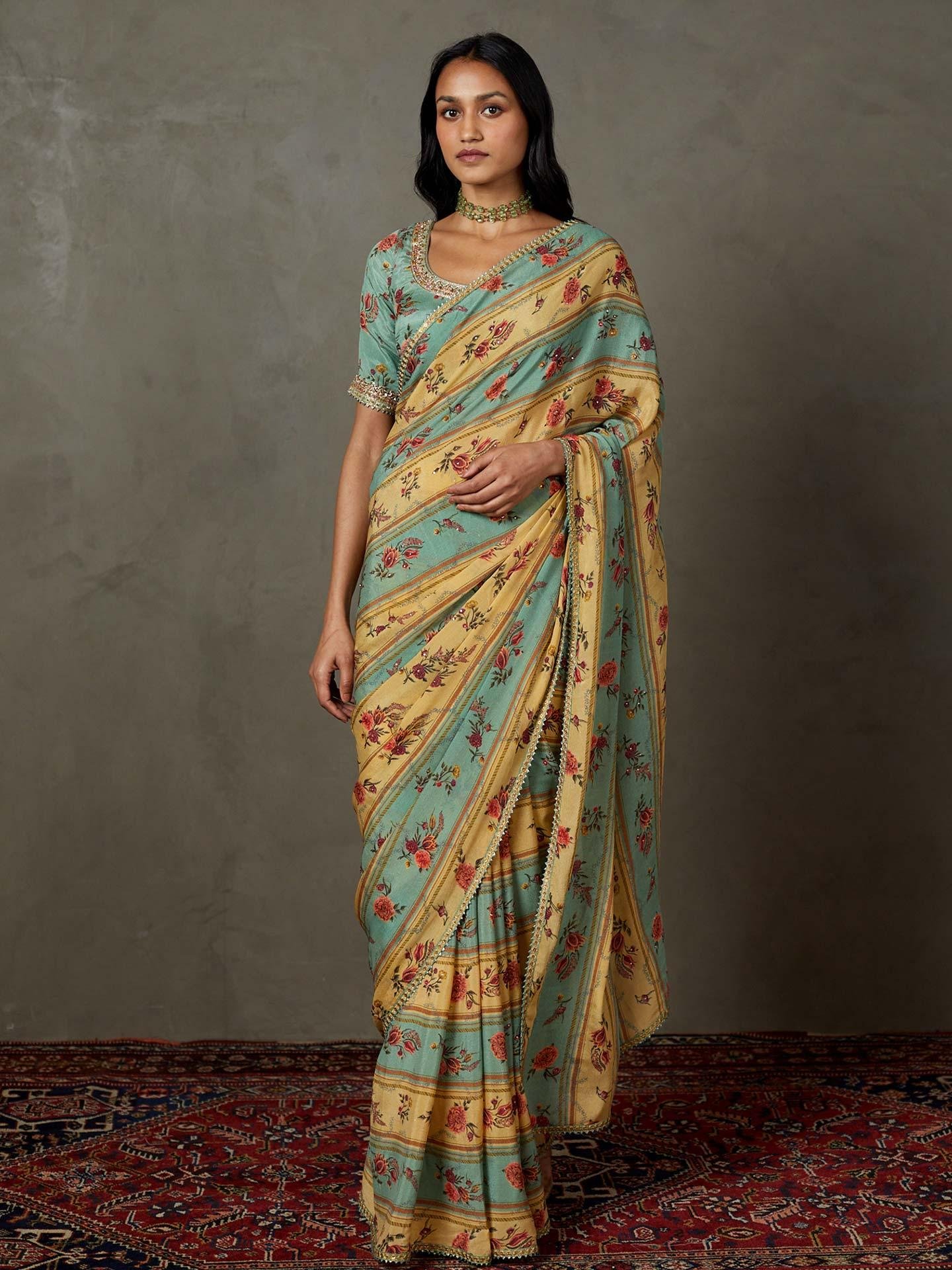 Light Teal Dahlia Saree With Unstitched Blouse — image 1