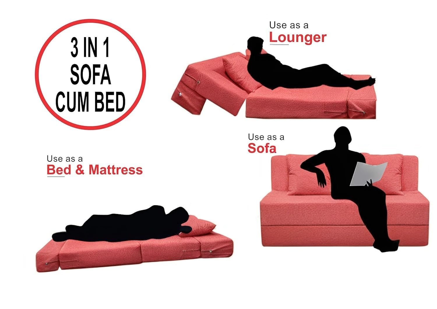 PumPum EPE Foam 2-Seater Sofa Cum Bed – 36 Inch Width, Convertible Design, Lightweight & Foldable (Peach) — image 5