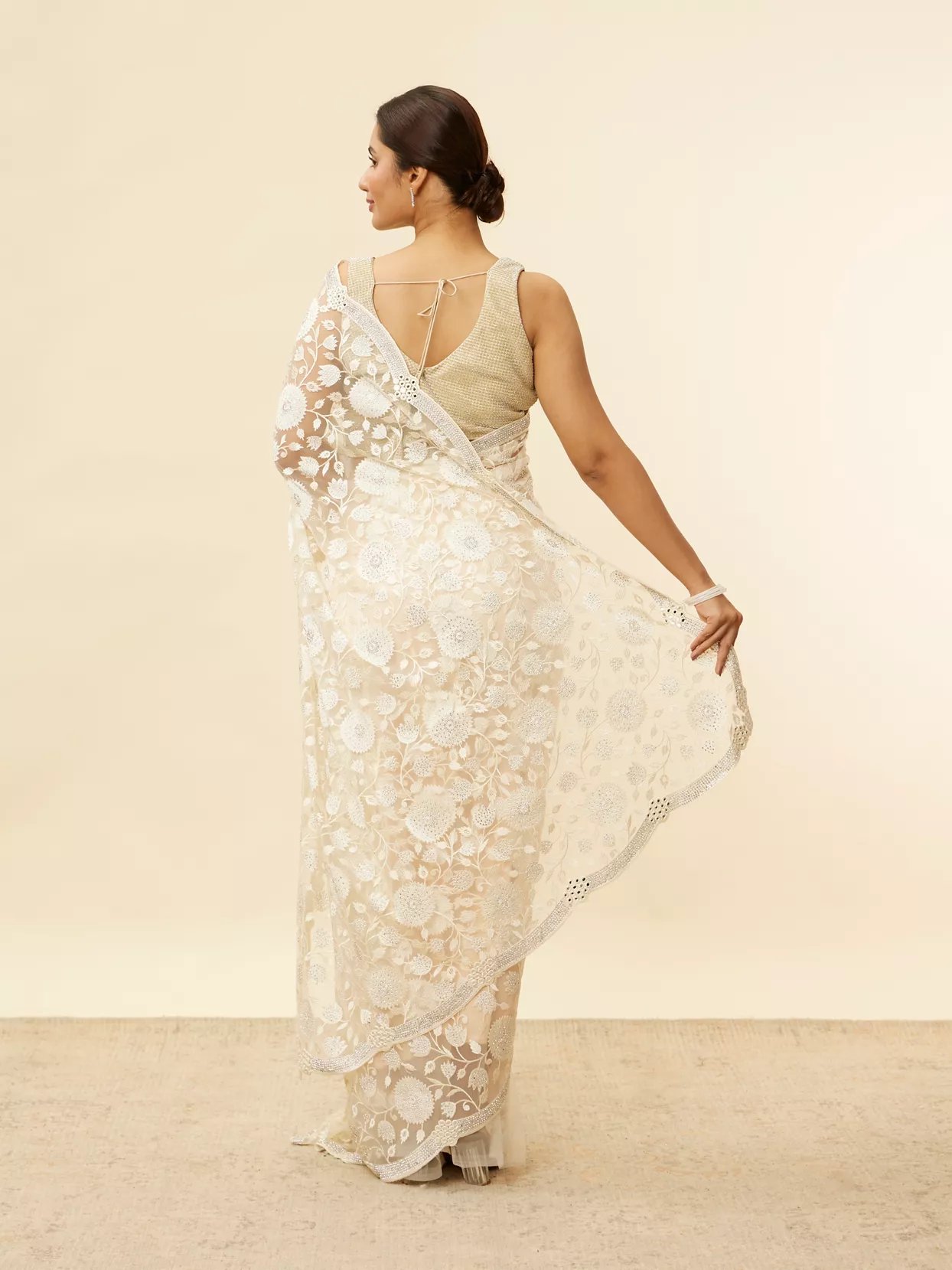 Ivory Cream Bel Buti Patterned Mirror and Stone Work Saree — image 2