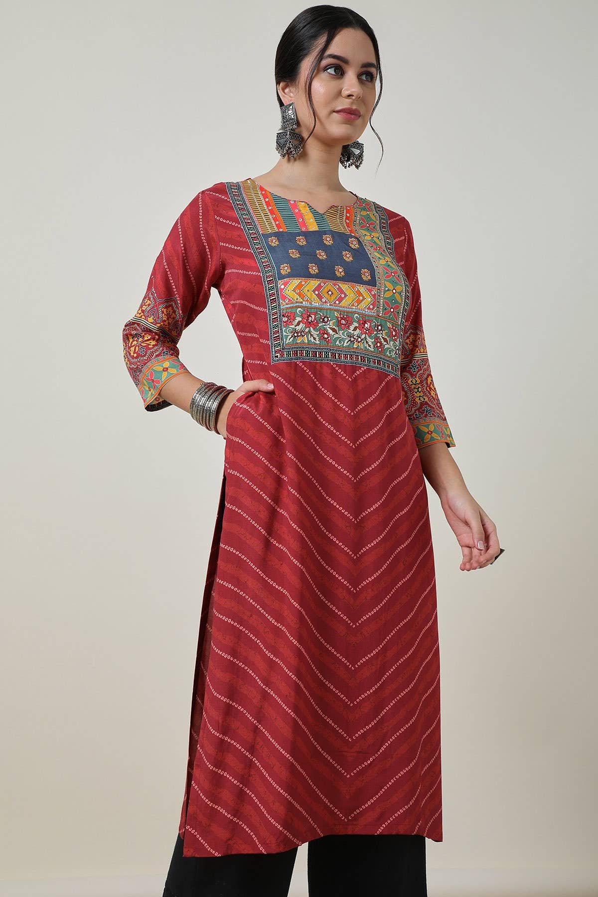 Brick Red Viscose Muslin Bandhani Print Kurta — image 3