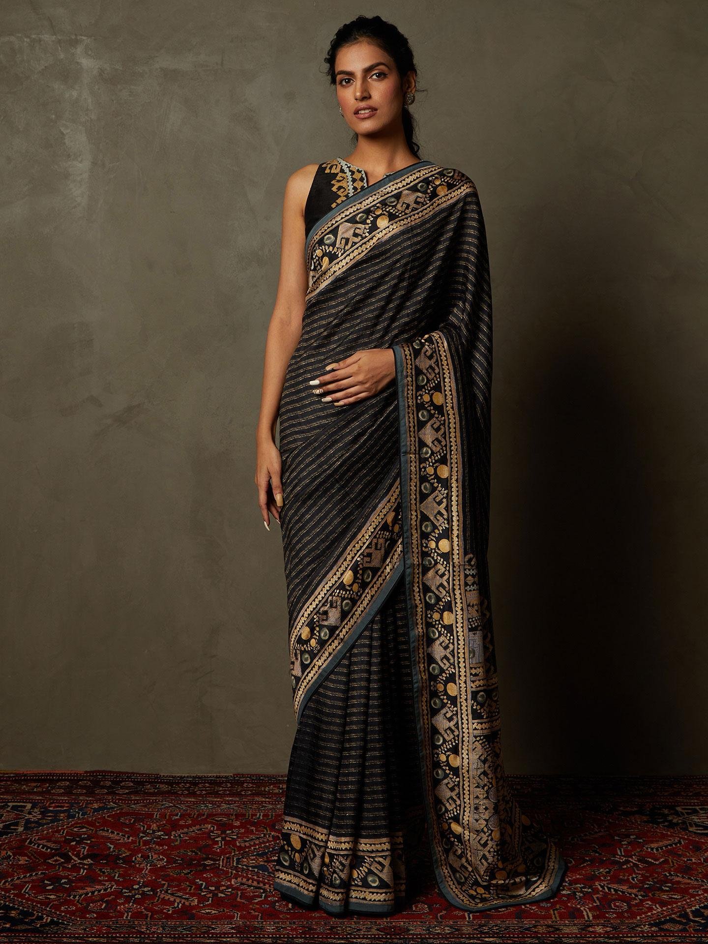 Black & Beige Noni Saree With Stitched Blouse — image 1