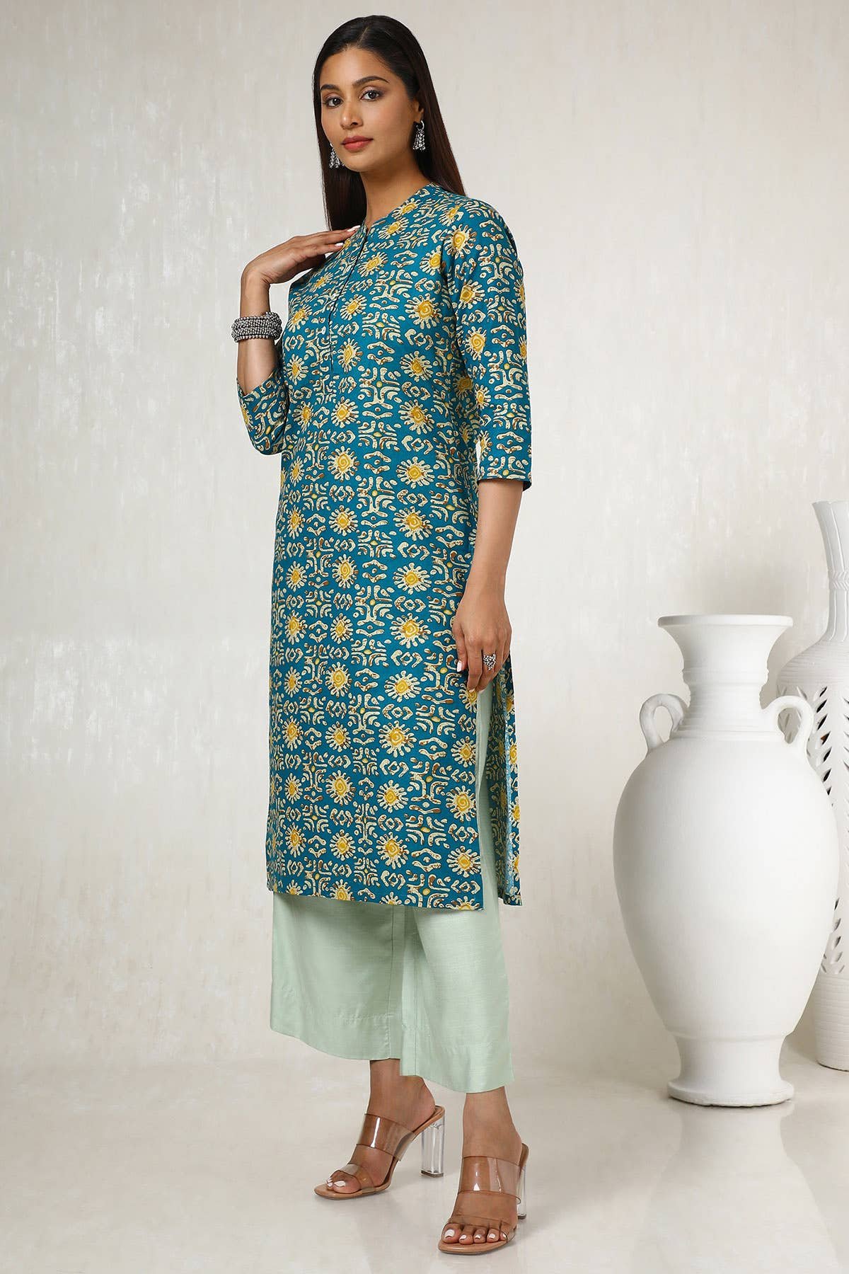Teal Cotton Blend Abstract Print Kurta — image 2