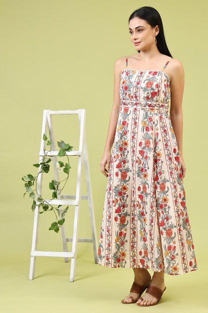 Off-White Vibrant Floral Printed Pure Cotton Flared Spaghetti Dress — image 1