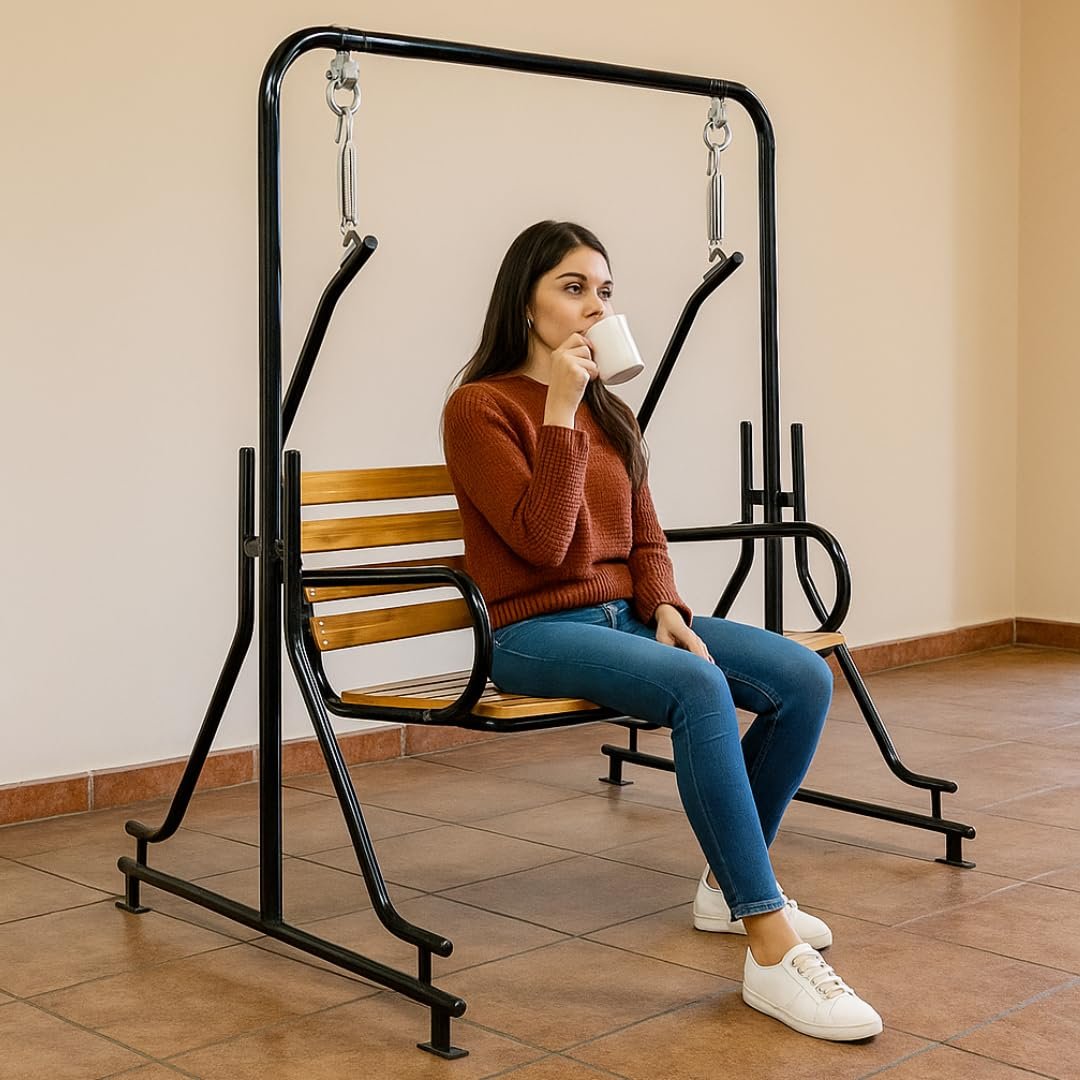 2-Seater Indoor & Outdoor Swing - Natural Wooden Polished (50kg) | Upper Pipe Swing Jhula for Home and Blacony with Sturdy Stand | Strong 300 Kg Capacity Heavy Metal Swing — image 3