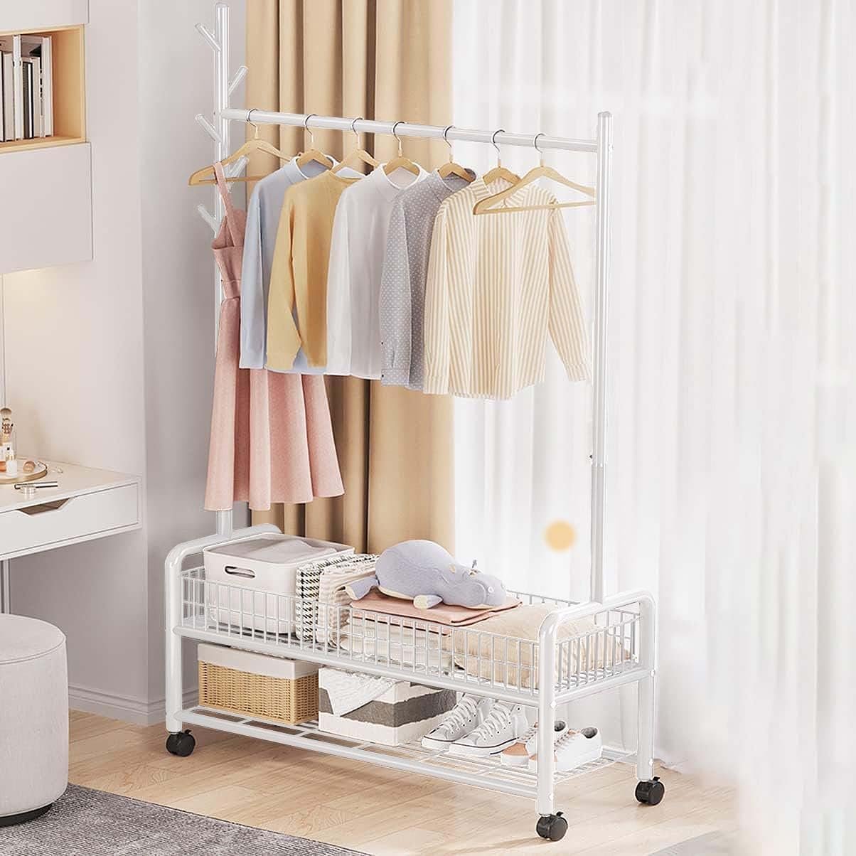 Lukzer | MGR-002 | White | Metal Cloth Stand & Garment Rack with Wheels, 2 Bottom Shelves & Single Rod – Space-Saving Clothes Organizer for Bedroom, Laundry, Entryway & More | 173 x 90 x 34 cm — image 2