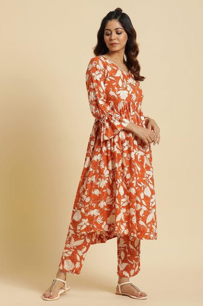 Dark Orange Floral Printed Kurta & Pants Co-Ord Set — image 1