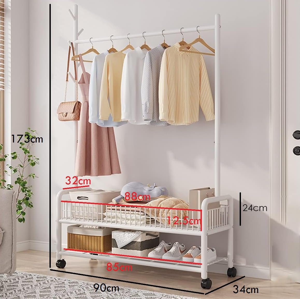 Lukzer | MGR-002 | White | Metal Cloth Stand & Garment Rack with Wheels, 2 Bottom Shelves & Single Rod – Space-Saving Clothes Organizer for Bedroom, Laundry, Entryway & More | 173 x 90 x 34 cm — image 4
