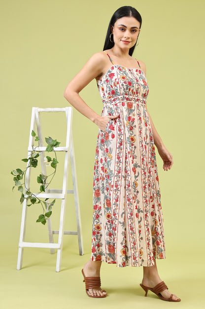 Off-White Vibrant Floral Printed Pure Cotton Flared Spaghetti Dress — image 3