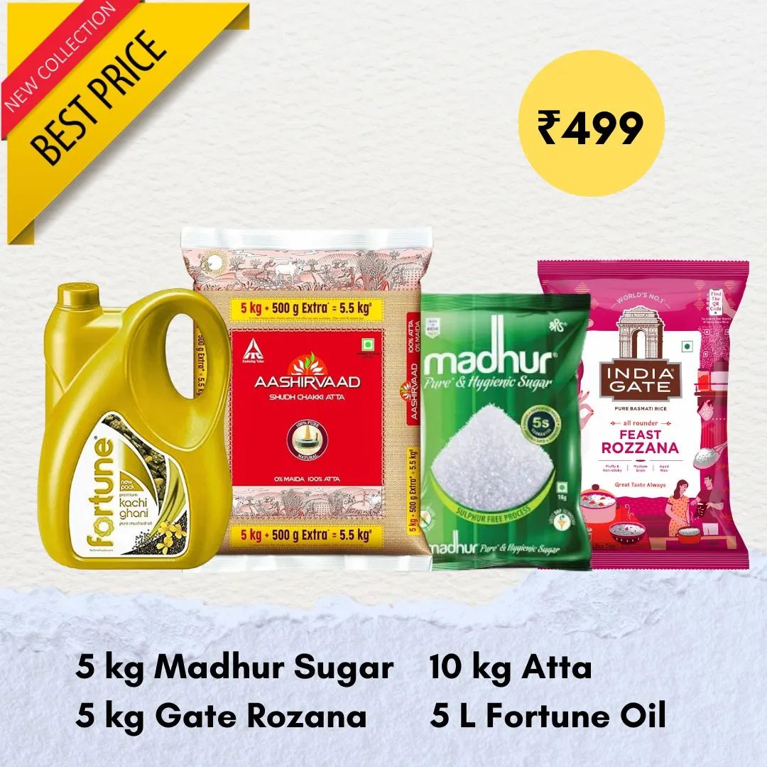 Fortune Oil, Aashirvaad Atta, India Gate Rozana, Madhur Sugar : Combo of 4