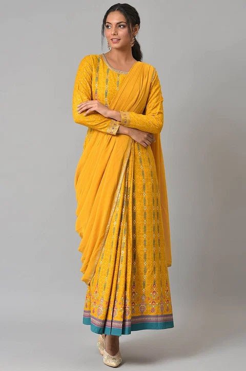 Yellow Glitter Printed Festive Saree Dress With Belt — image 6