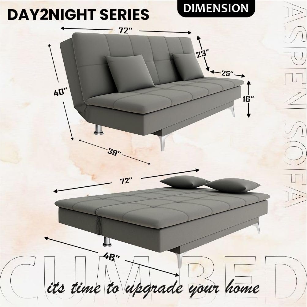 Adorn India Premium New Aspen 3 Seater Sofa Cum Bed 4X6 Velvet Suede with 2 Cushions (Color Grey) and Suitable for All Indoor, with 3 Years Warranty — image 2
