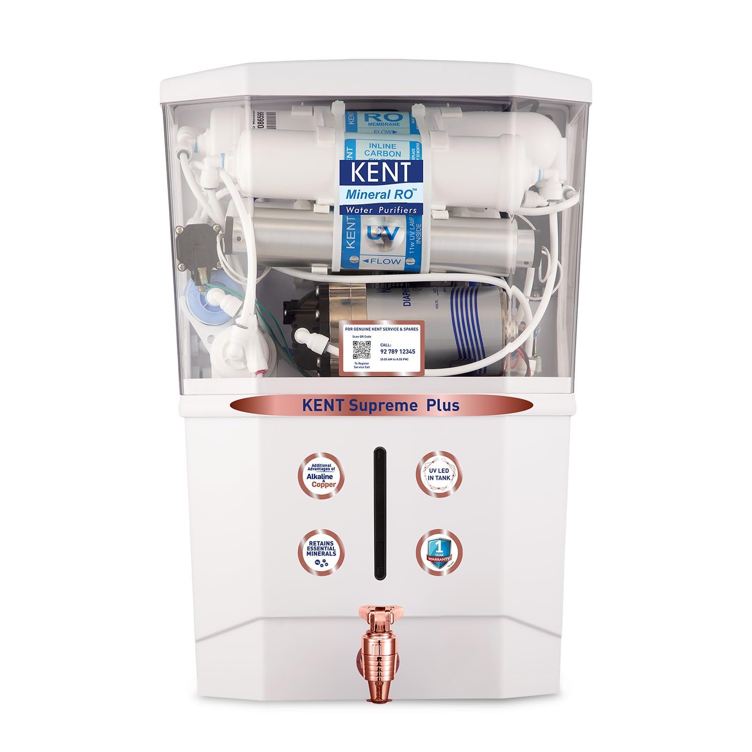KENT Supreme Plus Alkaline+Copper RO Water Purifier | RO+UV+UF+Alk +Cu+TDSControl+UV LED Tank|Advanced ROTech for Sabse Shudh Paani | Auto Flush | 8L| 20LPH | Ideal for Borewell/Tanker/Municipal Water — image 2