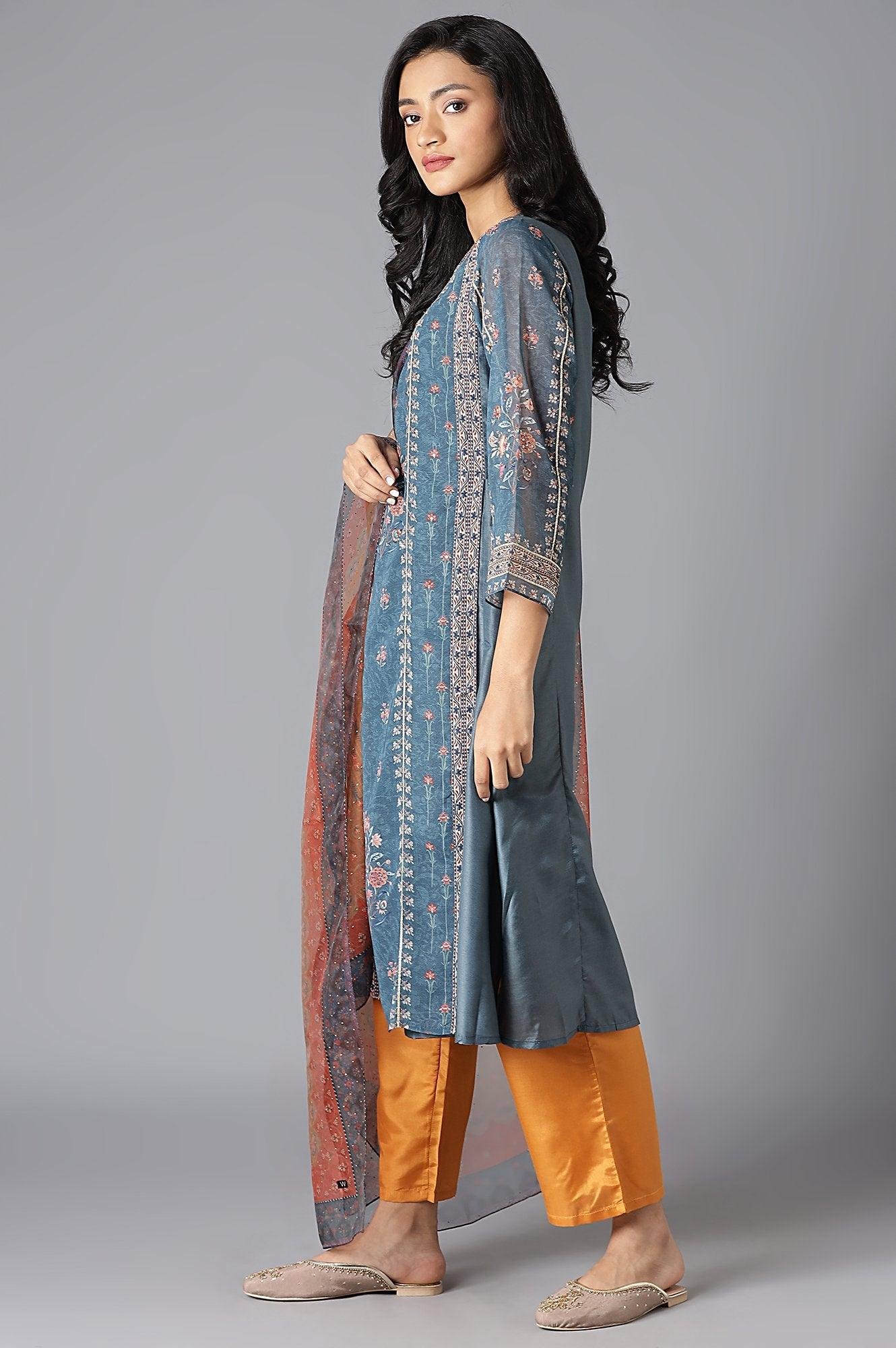 Teal Mock Layer kurta, Orange Parallel Pants And Dupatta Set — image 4