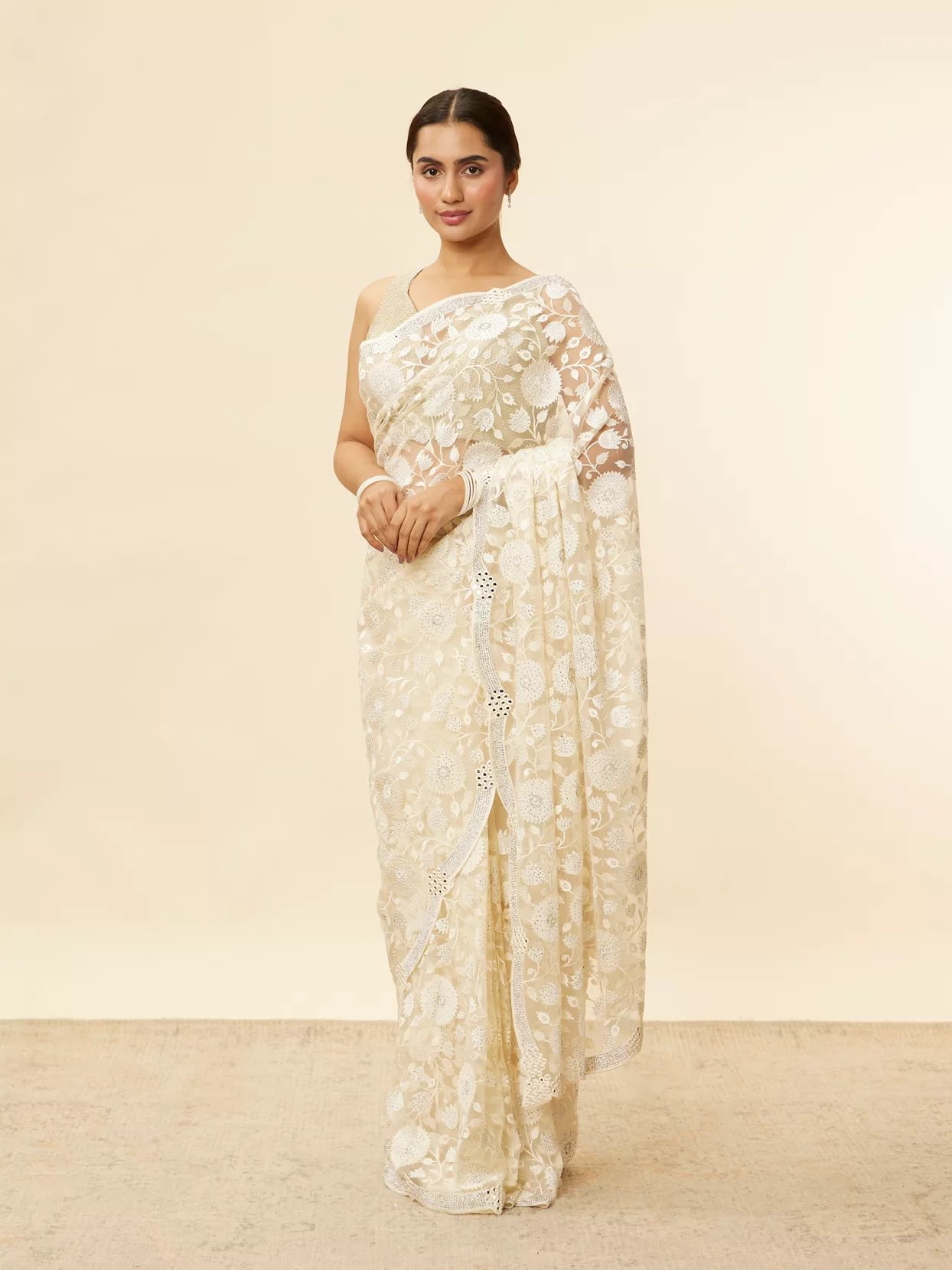 Ivory Cream Bel Buti Patterned Mirror and Stone Work Saree — image 1