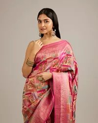 Rani Pink Grid Patterned Saree with Peacock Motifs — image 6