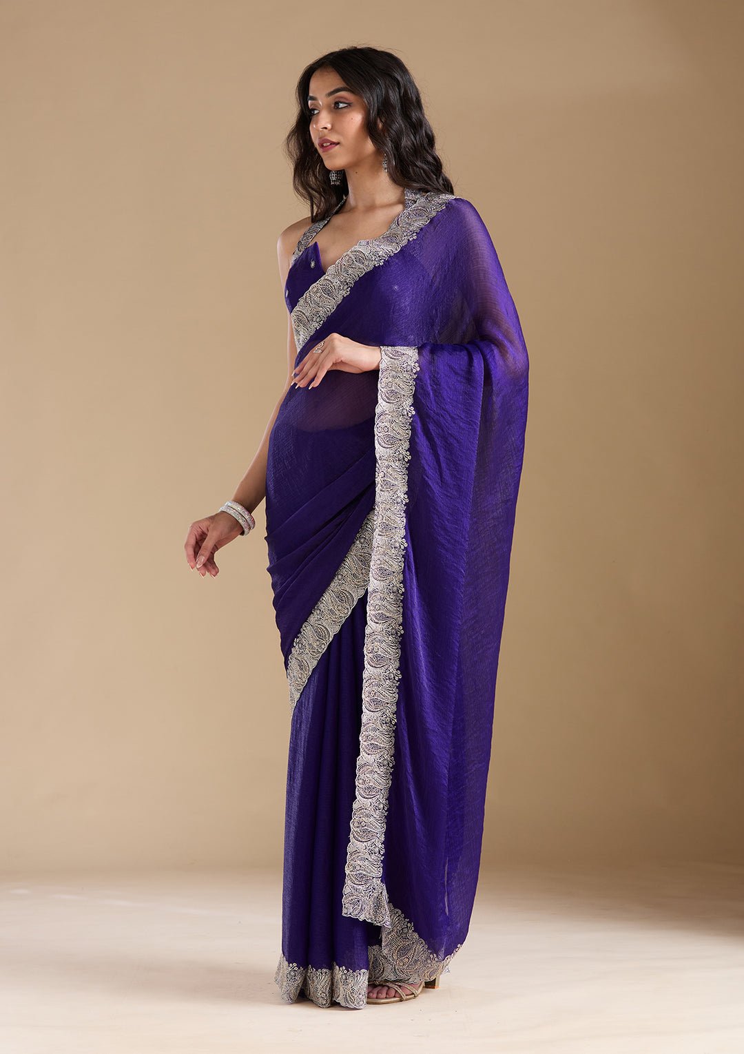 Violet Zariwork (Silver) Chiffon Saree — image 3