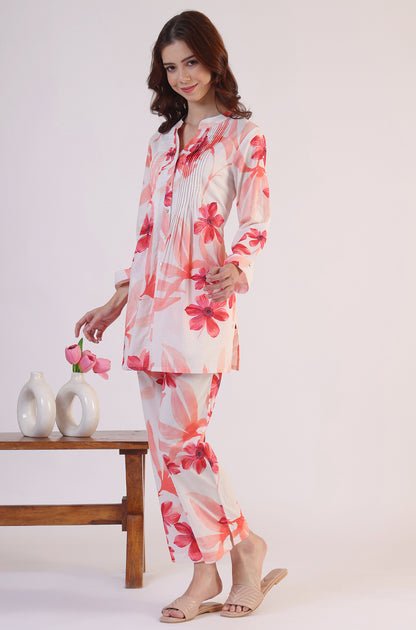 White Bold Floral Printed Pure Cotton Tunic and Straight Pants Co-ord Set — image 3