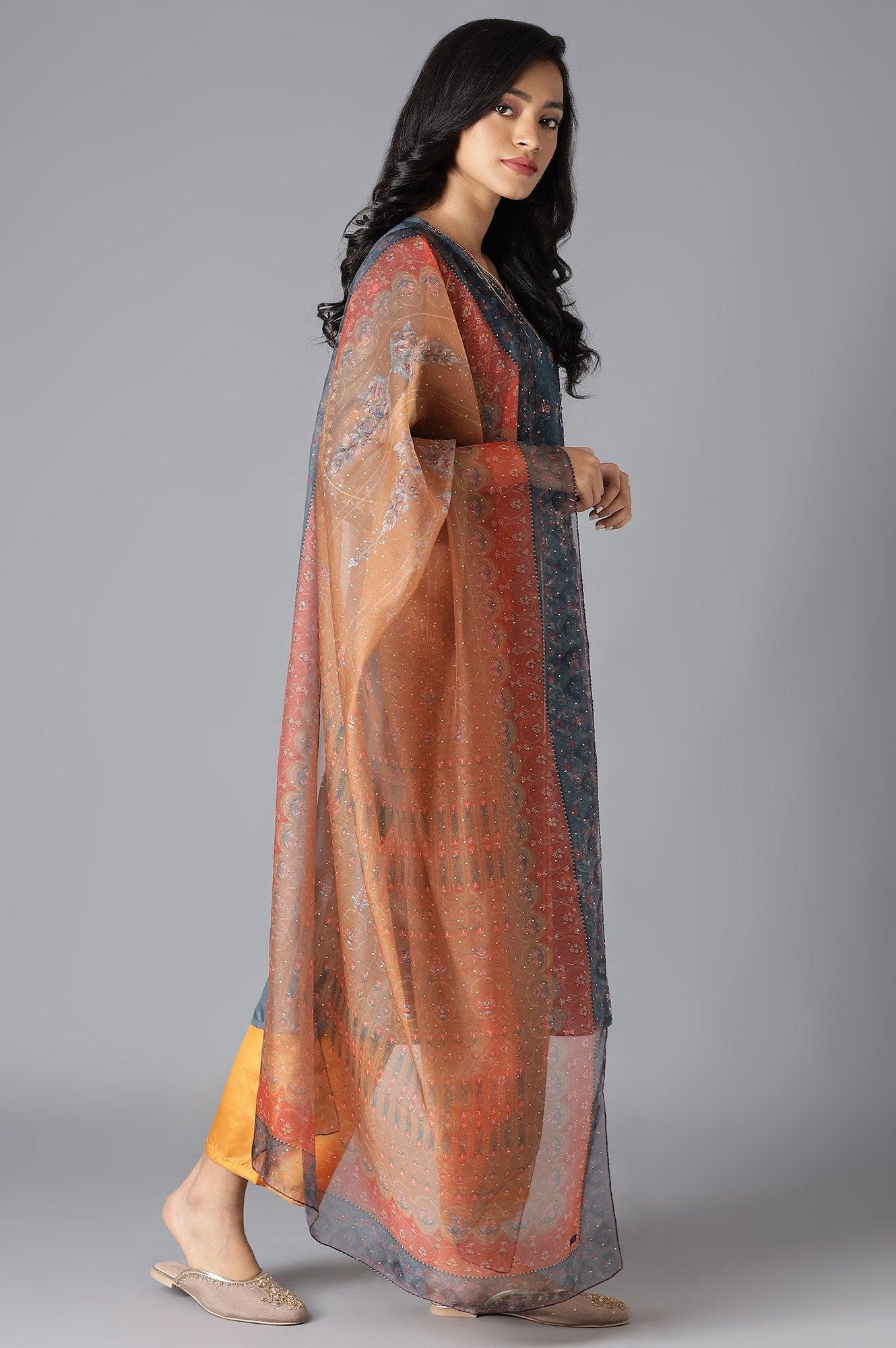 Teal Mock Layer kurta, Orange Parallel Pants And Dupatta Set — image 2