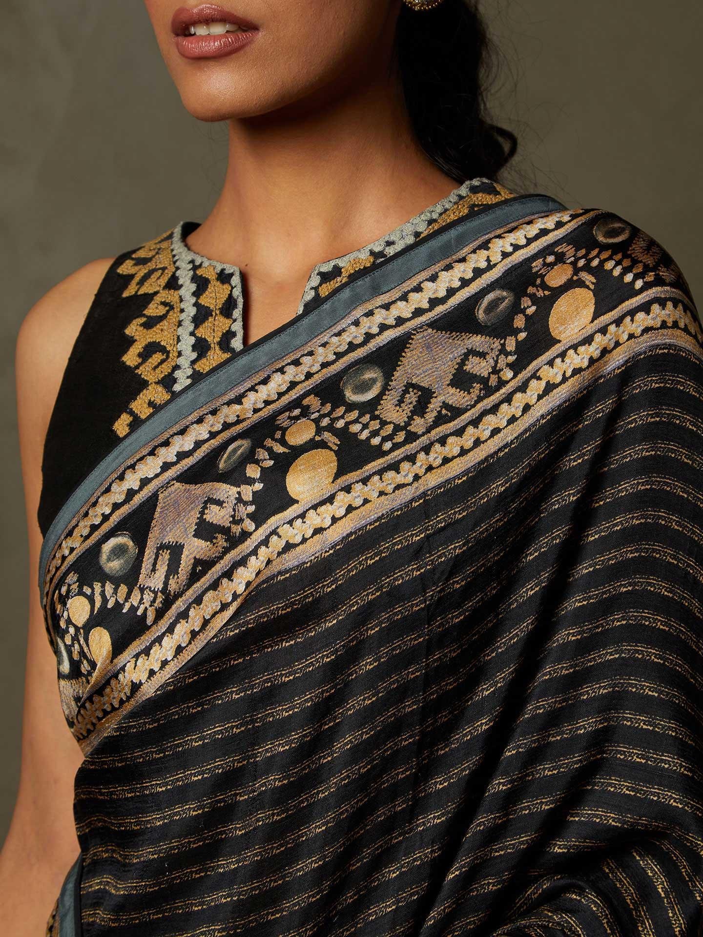 Black & Beige Noni Saree With Stitched Blouse — image 2