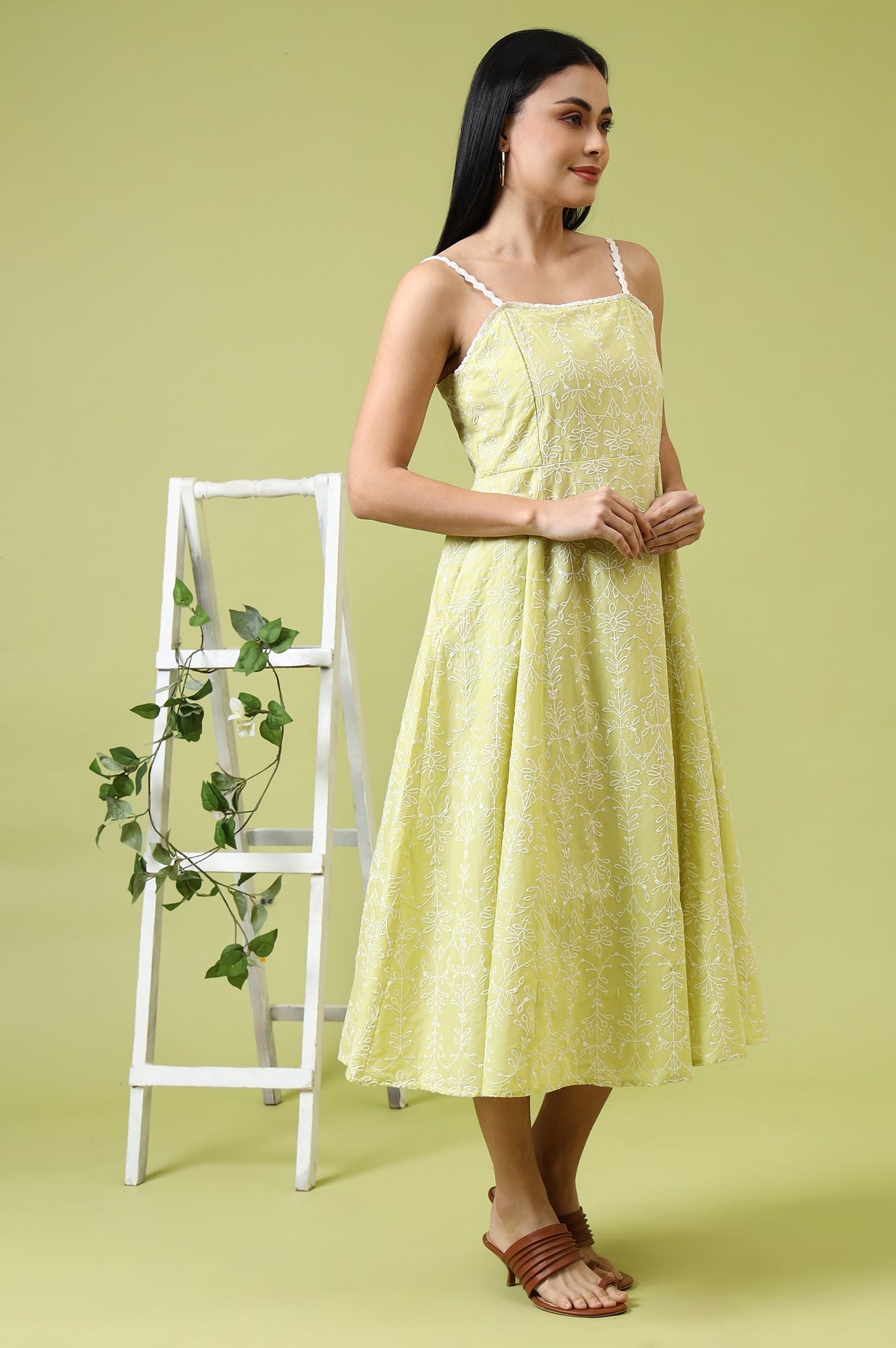 Lime Green Schiffli Embroidered Pure Cotton Flared Spaghetti Dress — image 5