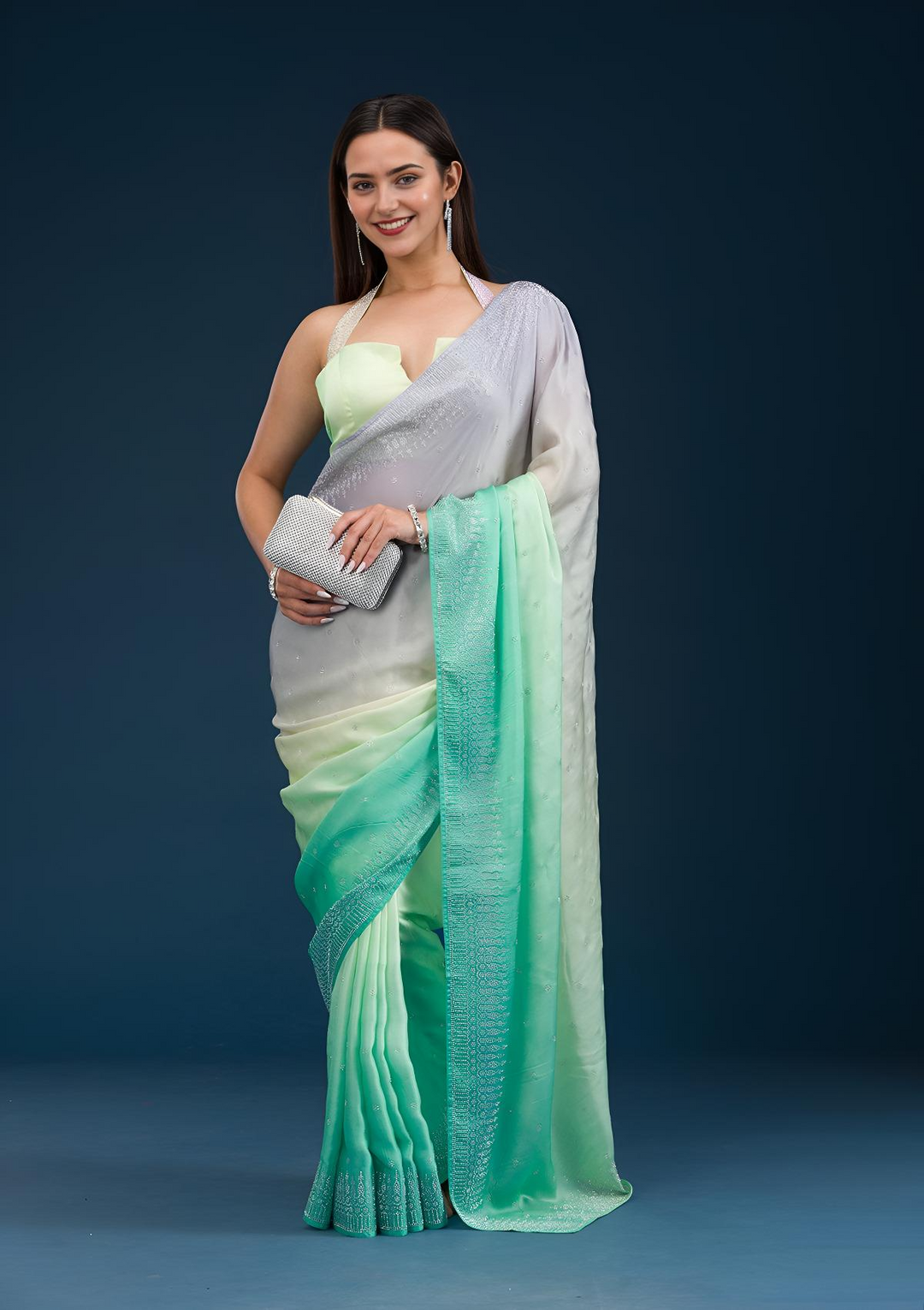 Grey Stonework Satin Saree — image 6
