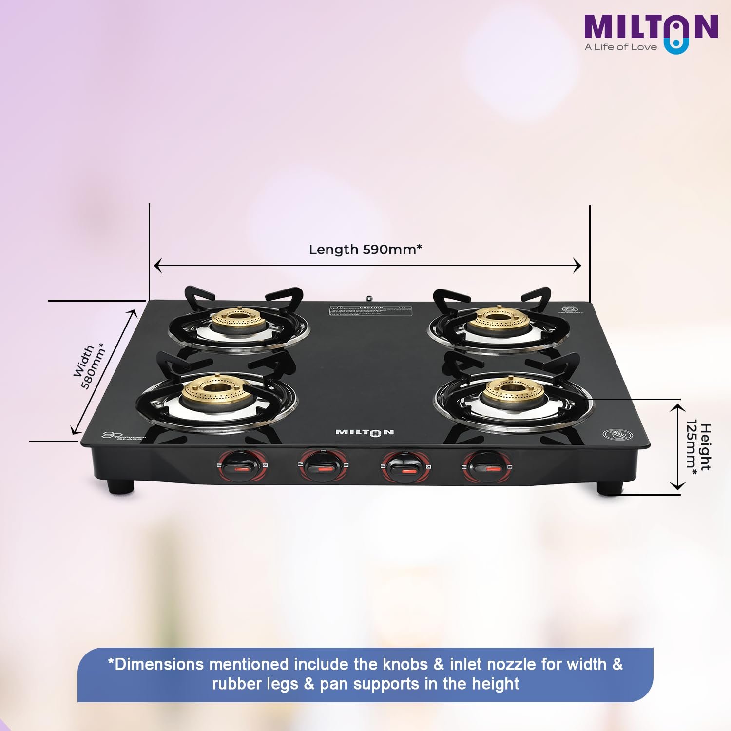 MILTON Premium 4 Burner Black Manual Ignition Glass Top Gas Stove, (ISI Certified) — image 5