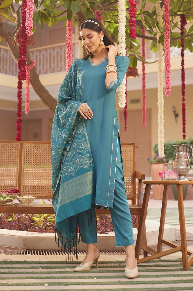 Blue Embellished Kurta, Pants And Jacquard Dupatta Set — image 5