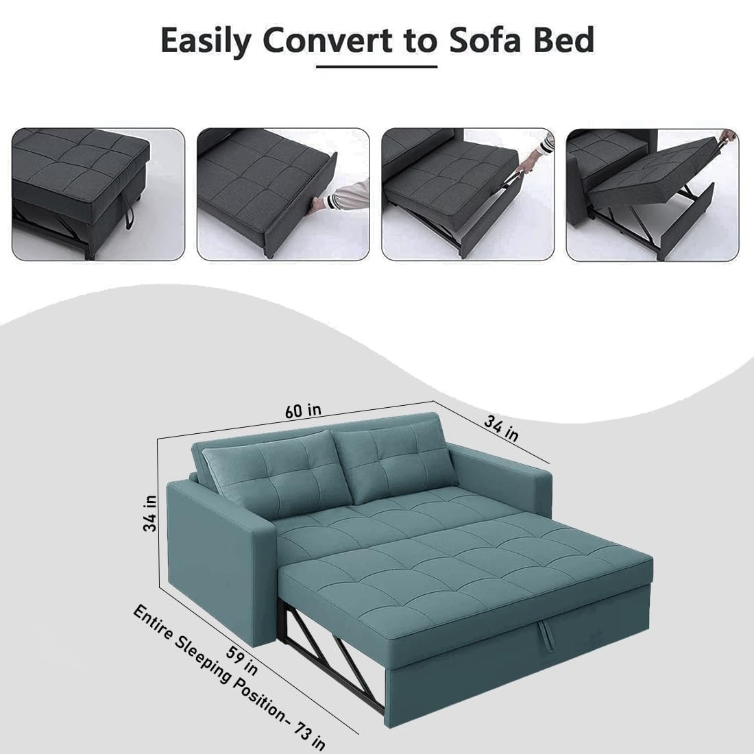 FURNY Tressa 2 Seater Pull-Out Premium Fabric Sofa Cum Bed Sofa Set for Living Room (Sky Blue Fabric) — image 2
