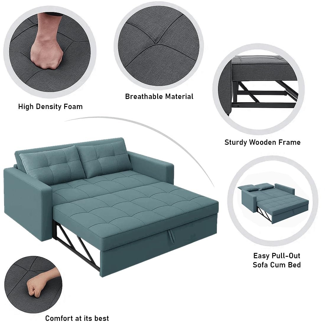 FURNY Tressa 2 Seater Pull-Out Premium Fabric Sofa Cum Bed Sofa Set for Living Room (Sky Blue Fabric) — image 6