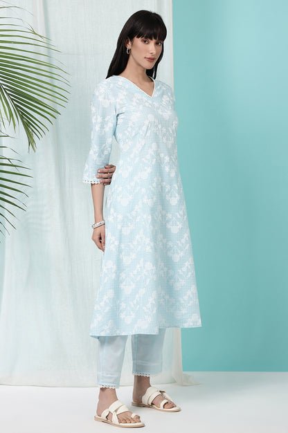 Sky Blue Floral Printed Pure Cotton Straight Kurta and Pants Co-ord Set — image 1