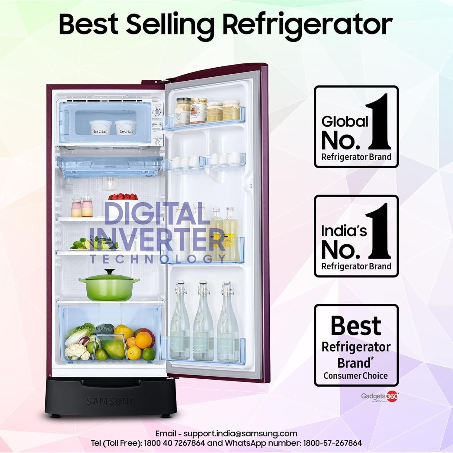 Samsung 183 L, 4 Star, Digital Inverter, Direct-Cool Single Door Refrigerator (RR20C1824CR/HL, Red, Camellia Purple, Base Stand Drawer) — image 4