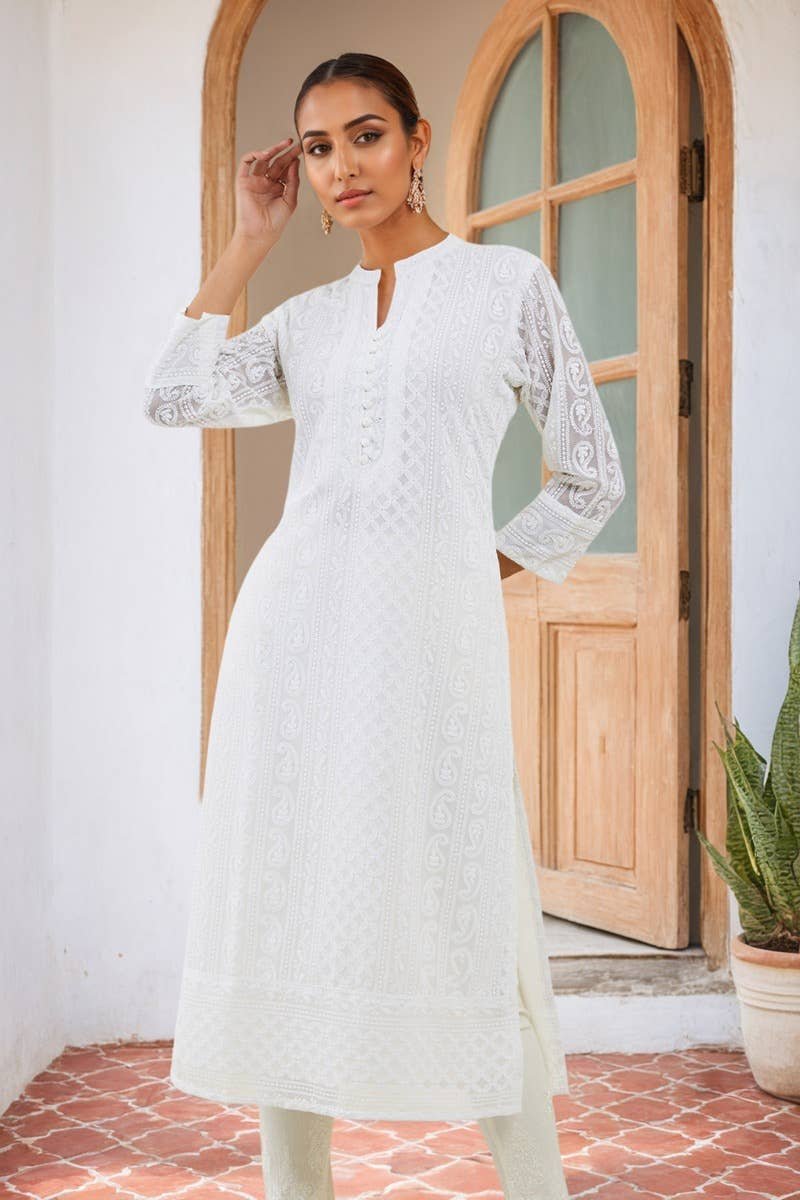 Off White Georgette Straight Kurta With Self Embroidered Designs — image 5