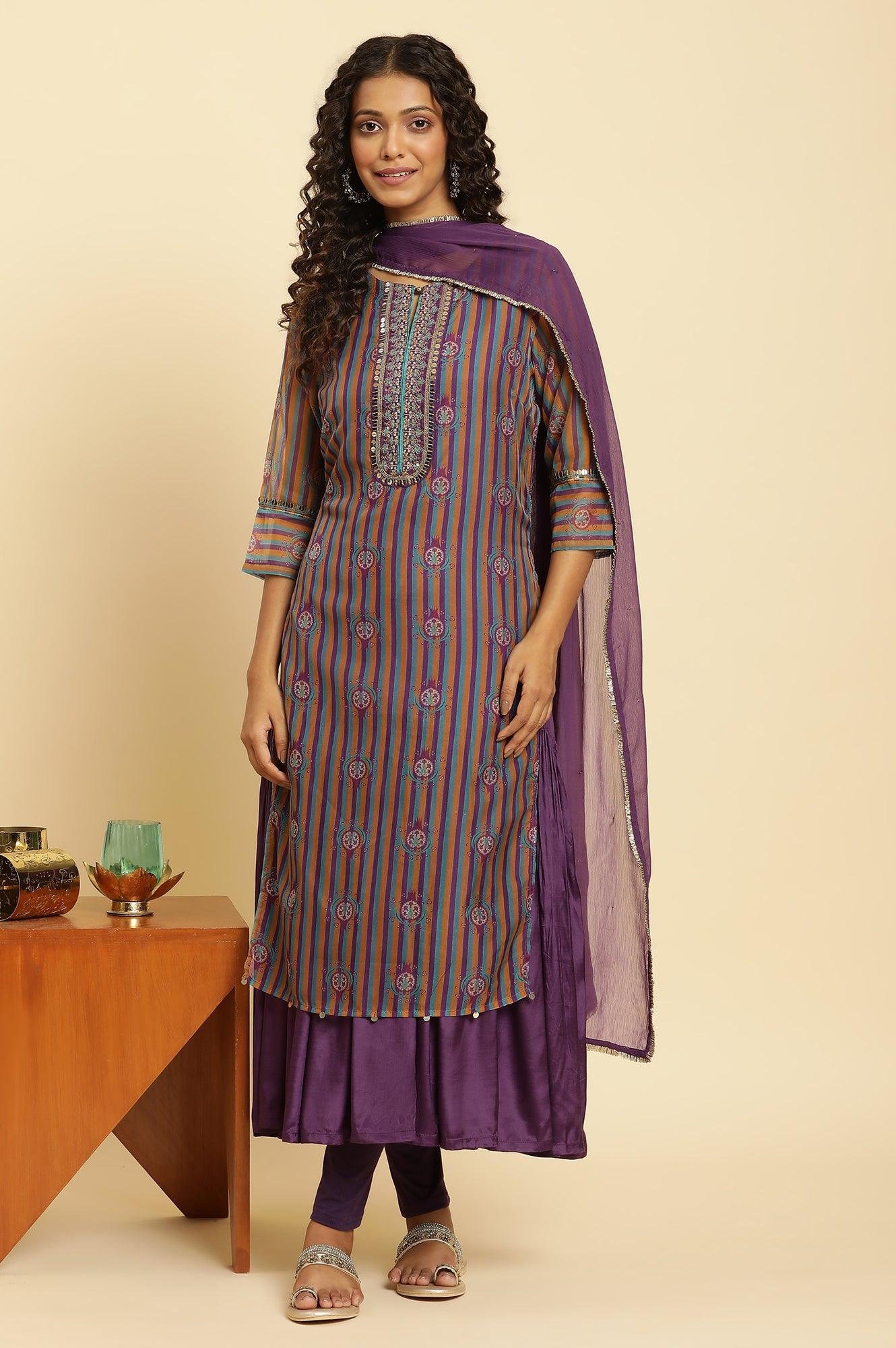Purple Layered Suzani Printed Kurta, Tights And Dupatta Set — image 6