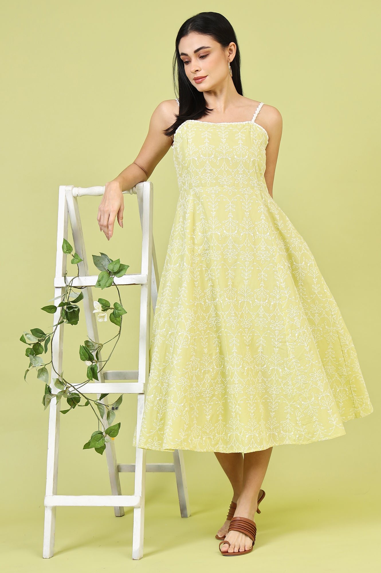 Lime Green Schiffli Embroidered Pure Cotton Flared Spaghetti Dress — image 10