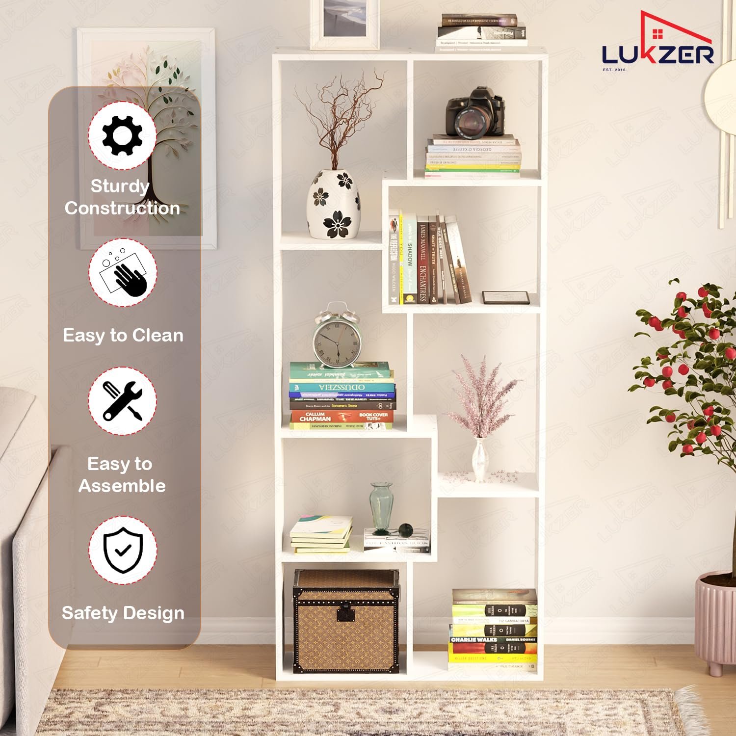 Lukzer 8 Shelves Modern Simple Engineered Wood Book Shelf with Storage Display Rack Open Bookcase Showcase Stand (MR-004/White/164 x 24 x 70 cm) DIY (Do It Yourself) — image 3